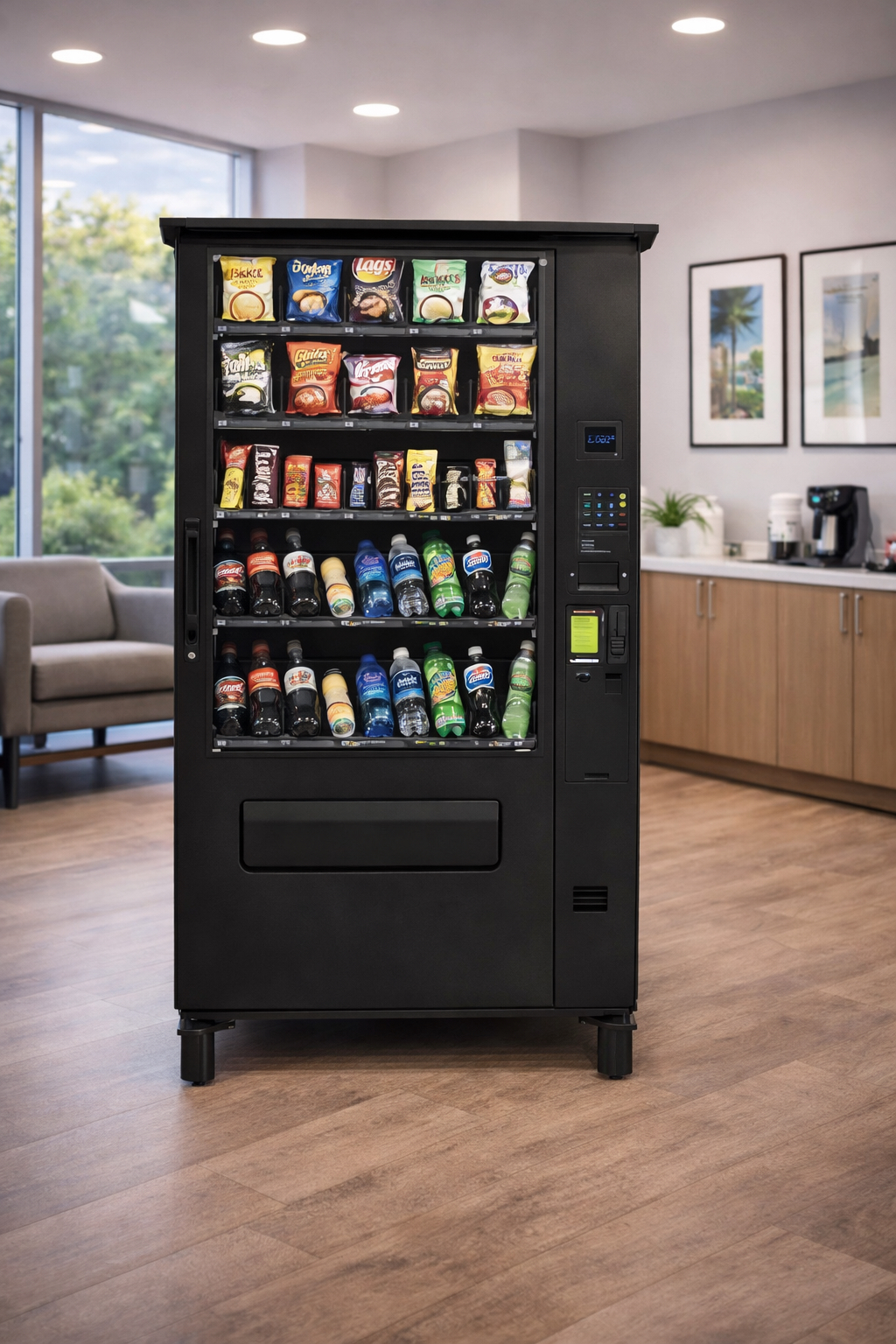Caloosa Coast Vending employee next to a snack vending machine